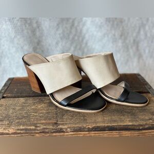 Seychelles Lyra chunky mules heels, black and cream leather, Anthropologie